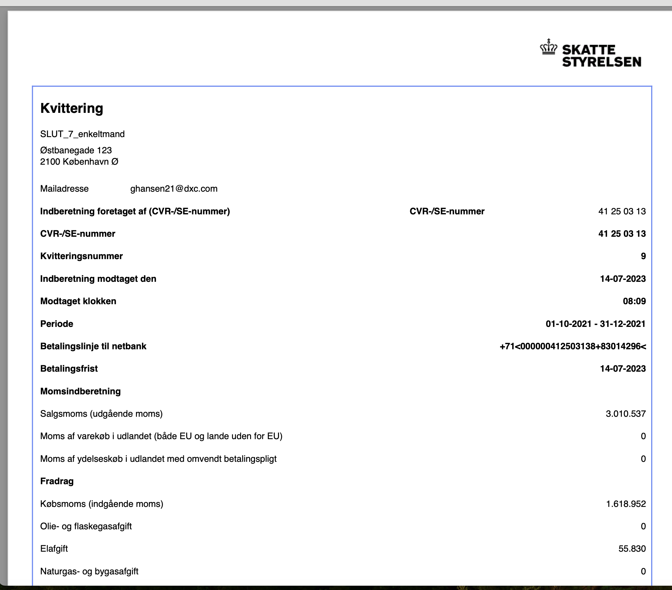 Kvittering fra Skattestyrelsen - Sapera - Hjælpecenteret